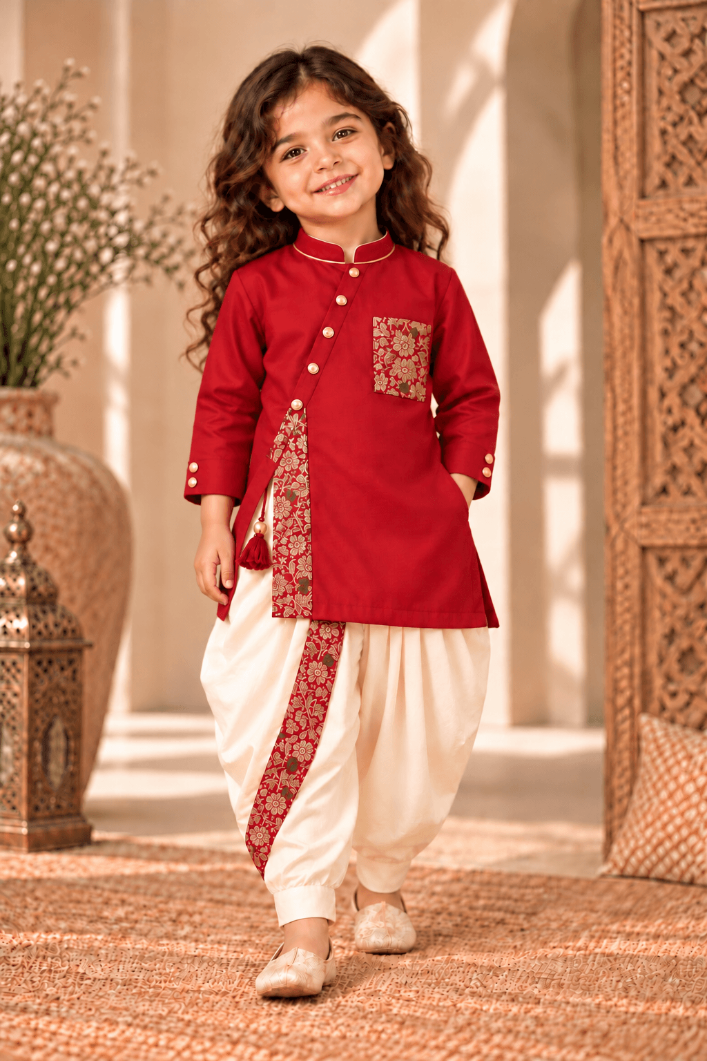 Zinniars Mini Rumi Red & Gold Kurta Dhoti Set Unisex Kids’ Festive Wear (2–6 Years)
