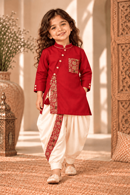Zinniars Mini Rumi Red & Gold Kurta Dhoti Set Unisex Kids’ Festive Wear (2–6 Years)