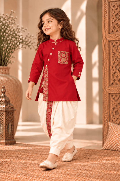 Zinniars Mini Rumi Red & Gold Kurta Dhoti Set Unisex Kids’ Festive Wear (2–6 Years)