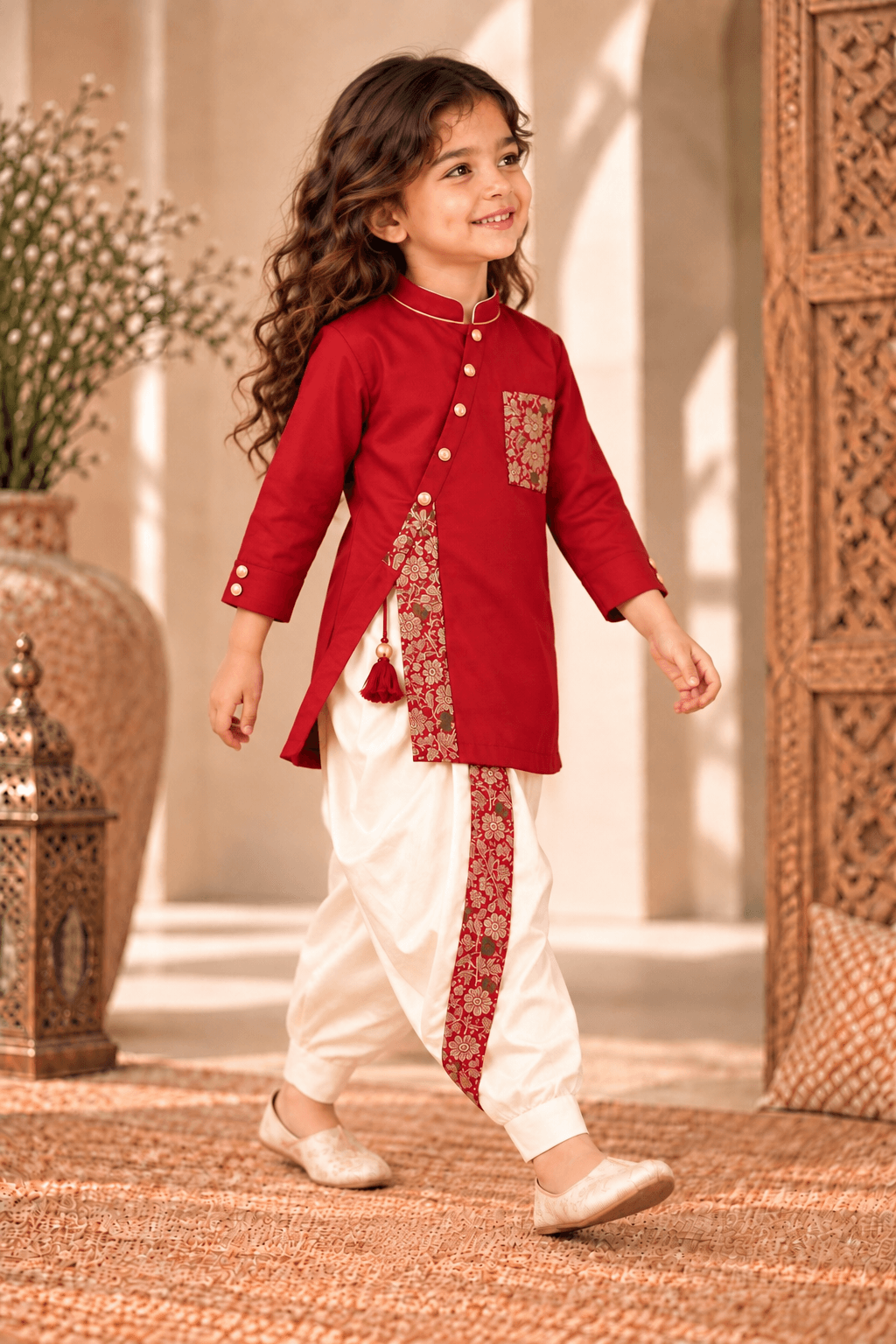 Zinniars Mini Rumi Red & Gold Kurta Dhoti Set Unisex Kids’ Festive Wear (2–6 Years)