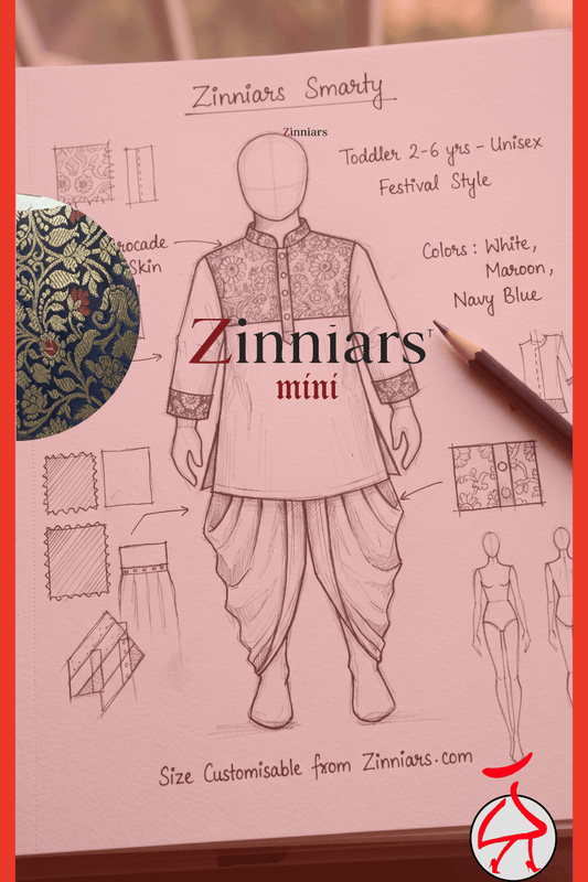 Zinniars Smarty Ivory & Navy Brocade Kurta Dhoti Set – Unisex Kids’ Festive Wear (2–6 Years)