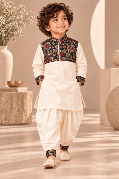 Zinniars Smarty Ivory & Navy Brocade Kurta Dhoti Set – Unisex Kids’ Festive Wear (2–6 Years)
