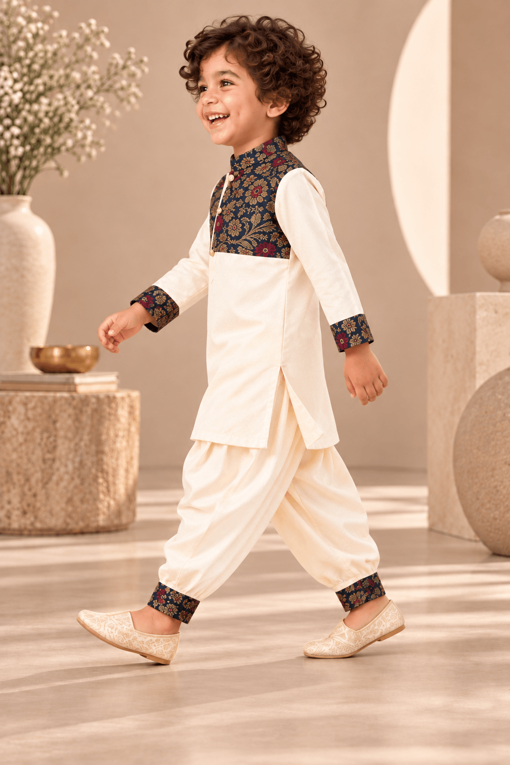 Zinniars Smarty Ivory & Navy Brocade Kurta Dhoti Set – Unisex Kids’ Festive Wear (2–6 Years)