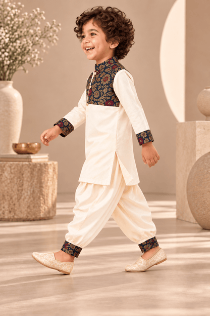 Zinniars Smarty Ivory & Navy Brocade Kurta Dhoti Set – Unisex Kids’ Festive Wear (2–6 Years)