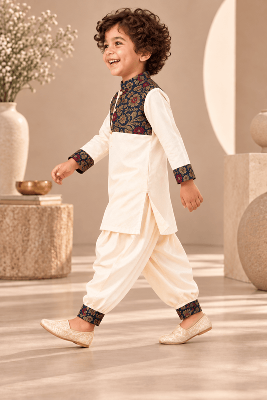 Zinniars Smarty Ivory & Navy Brocade Kurta Dhoti Set – Unisex Kids’ Festive Wear (2–6 Years)