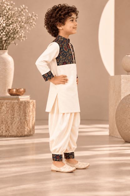Zinniars Smarty Ivory & Navy Brocade Kurta Dhoti Set – Unisex Kids’ Festive Wear (2–6 Years)