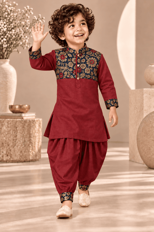Zinniars Smarty Maroon- Navy Blue Brocade Kurta Dhoti Set – Unisex Kids’ Festive Wear (2–6 Years)