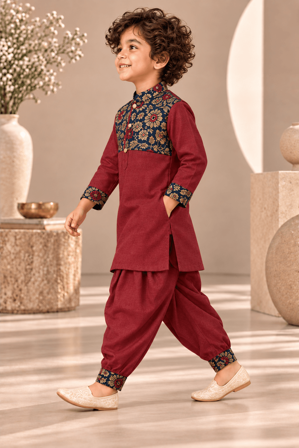 Zinniars Smarty Maroon- Navy Blue Brocade Kurta Dhoti Set – Unisex Kids’ Festive Wear (2–6 Years)