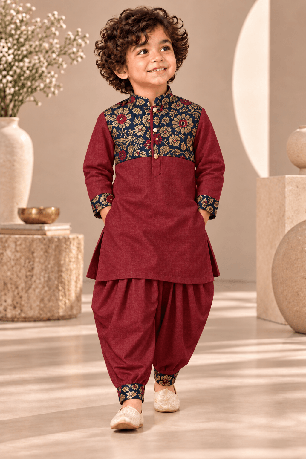 Zinniars Smarty Maroon- Navy Blue Brocade Kurta Dhoti Set – Unisex Kids’ Festive Wear (2–6 Years)
