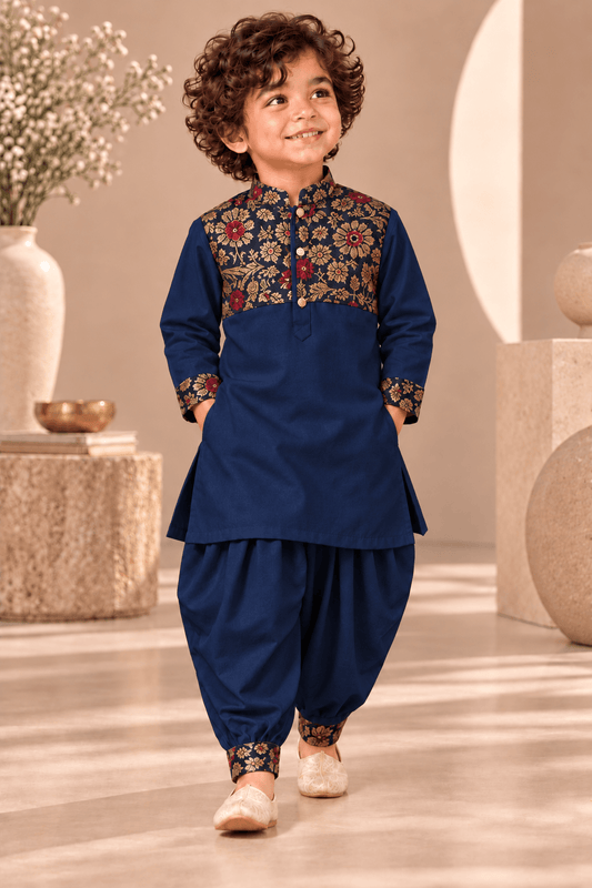Zinniars Smarty Navy Blue Brocade Kurta Dhoti Set – Unisex Kids’ Festive Wear (2–6 Years)