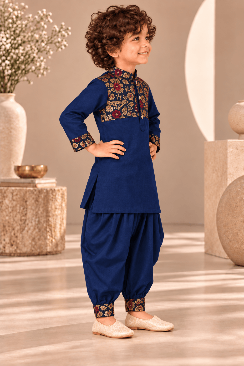 Zinniars Smarty Navy Blue Brocade Kurta Dhoti Set – Unisex Kids’ Festive Wear (2–6 Years)