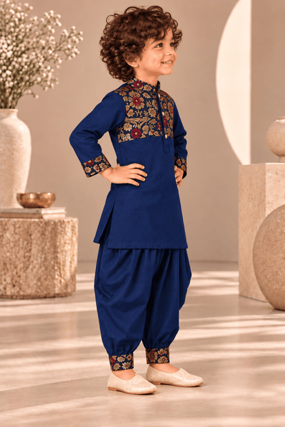 Zinniars Smarty Navy Blue Brocade Kurta Dhoti Set – Unisex Kids’ Festive Wear (2–6 Years)