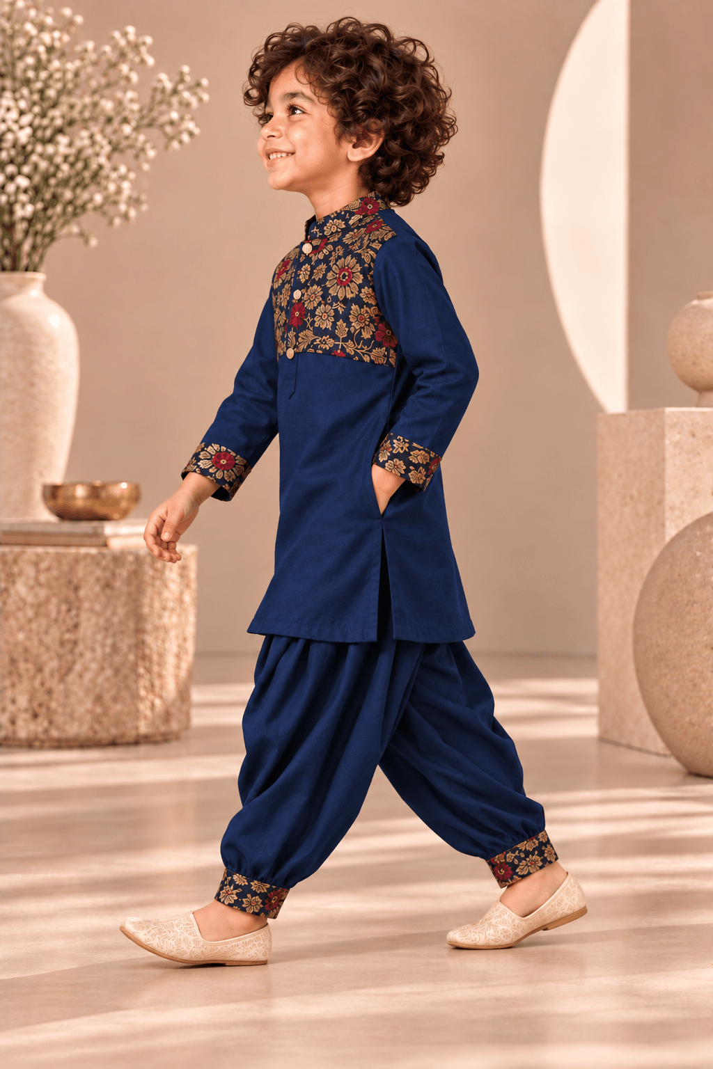 Zinniars Smarty Navy Blue Brocade Kurta Dhoti Set – Unisex Kids’ Festive Wear (2–6 Years)