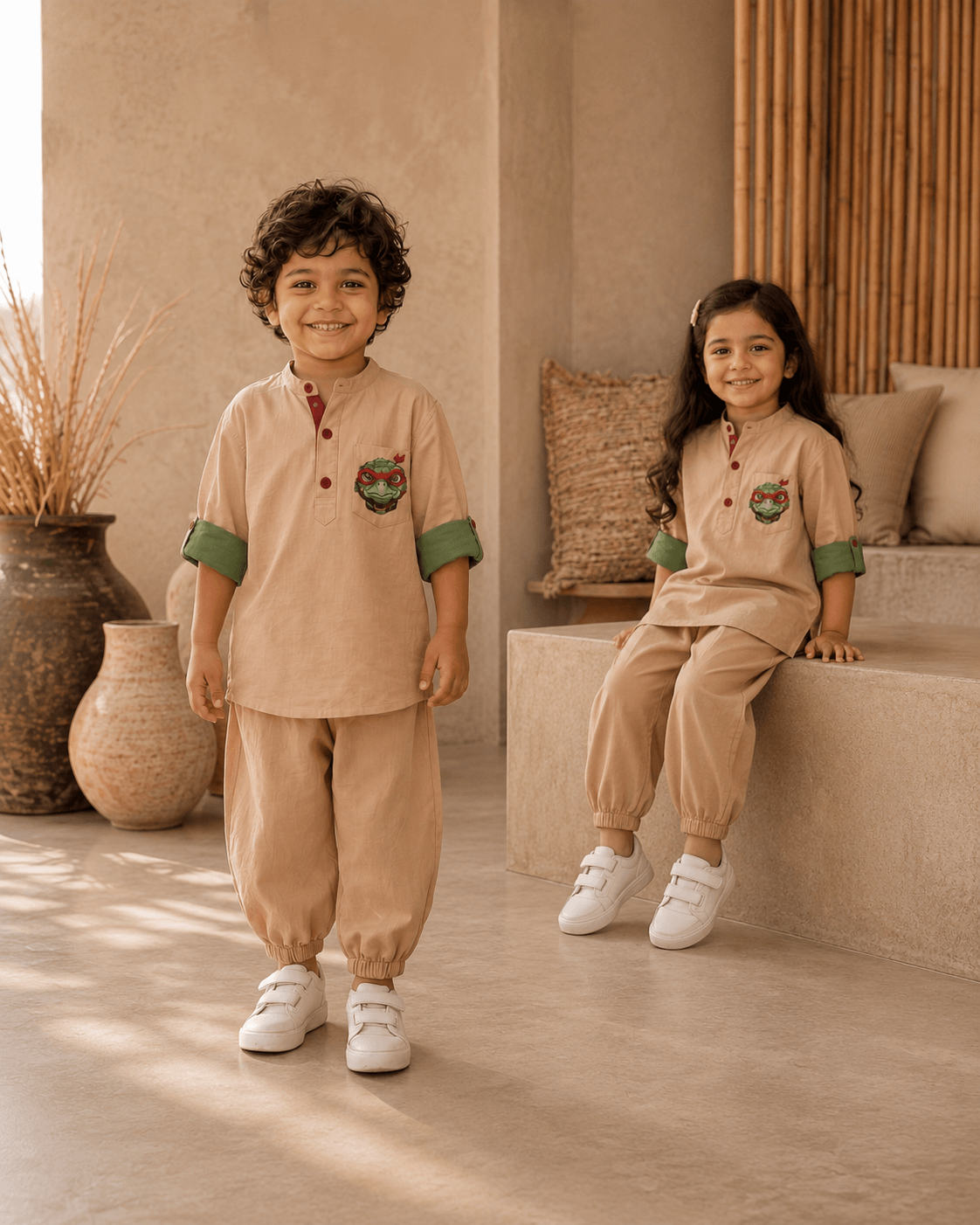 Turtle Rich Beige Contrast Roll-Sleeve Tunic Bottom Set Zinniars Mini Unisex Boys
