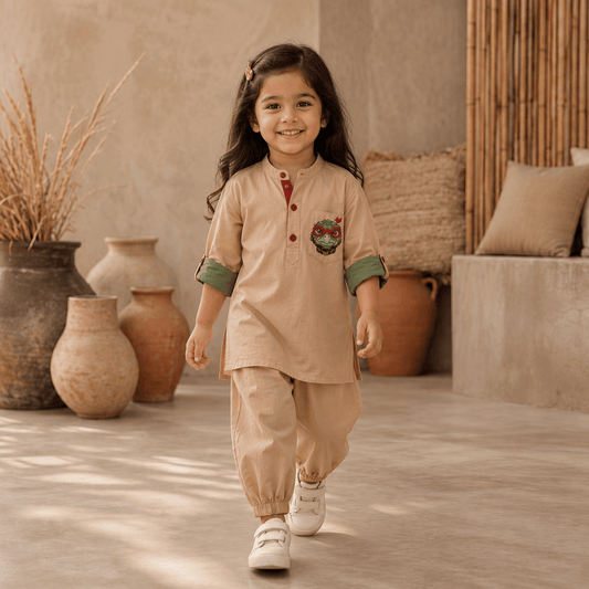 Turtle Rich Beige Contrast Roll-Sleeve Tunic Bottom Set Zinniars Mini Unisex Girls