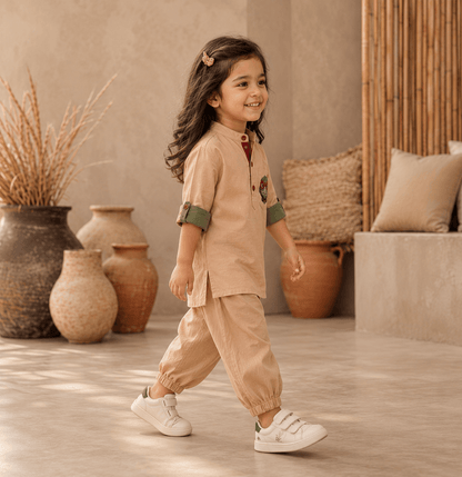 Turtle Rich Beige Contrast Roll-Sleeve Tunic Bottom Set Zinniars Mini Unisex Girls