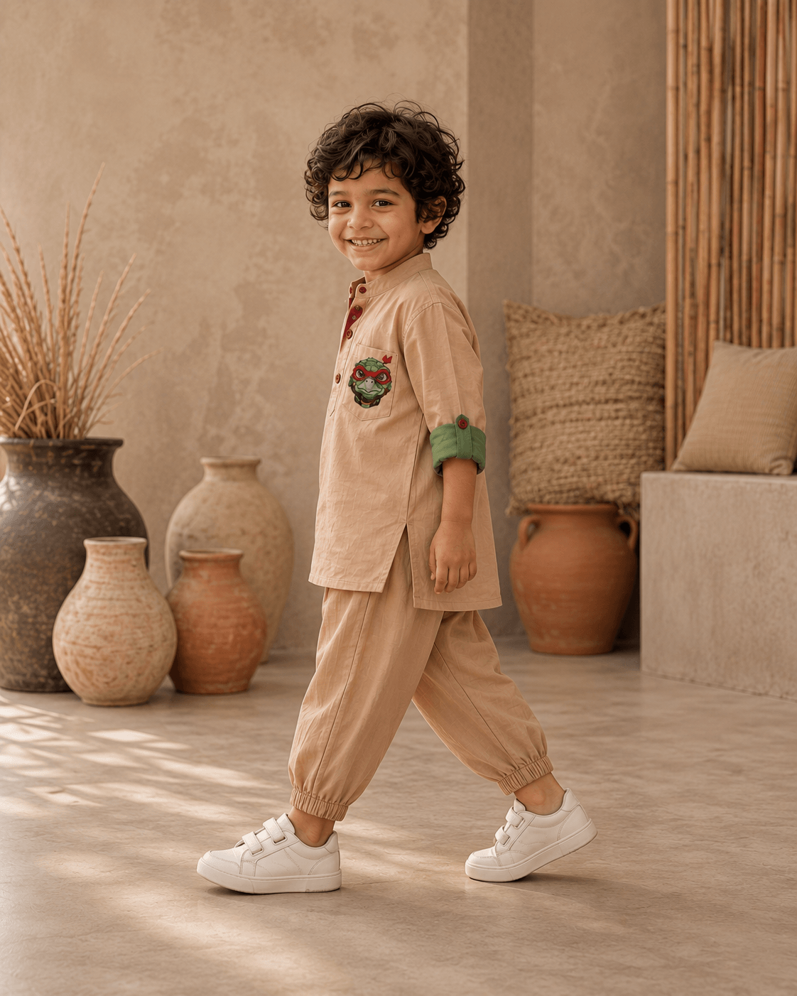 Turtle Rich Beige Contrast Roll-Sleeve Tunic Bottom Set Zinniars Mini Unisex Boys