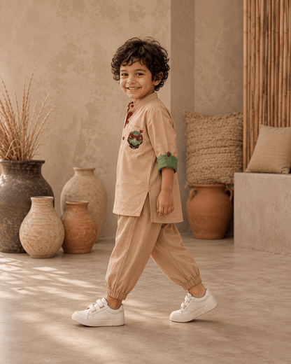 Turtle Rich Beige Contrast Roll-Sleeve Tunic Bottom Set Zinniars Mini Unisex Boys
