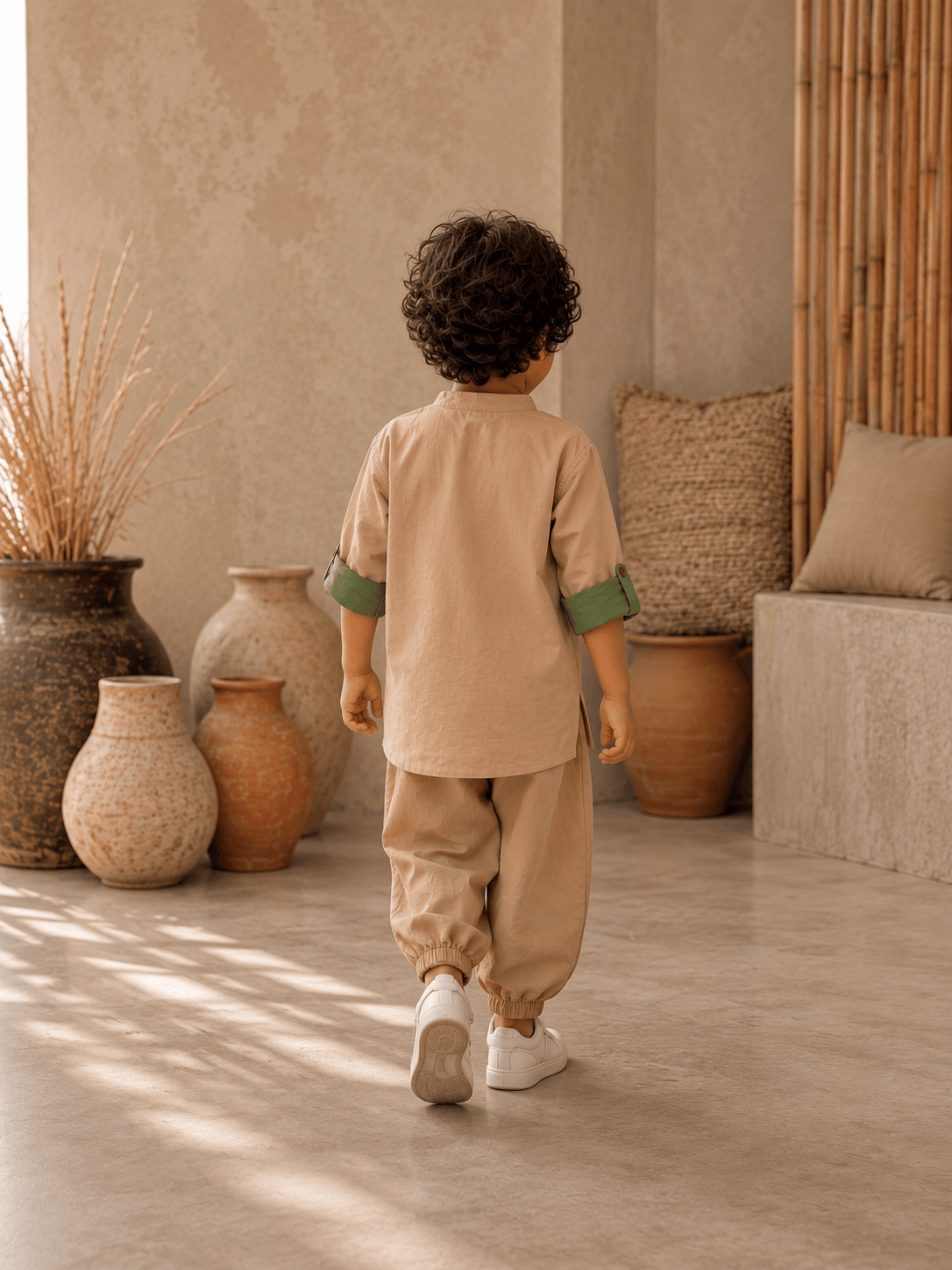 Turtle Rich Beige Contrast Roll-Sleeve Tunic Bottom Set Zinniars Mini Unisex Boys