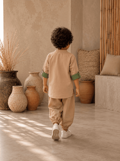 Turtle Rich Beige Contrast Roll-Sleeve Tunic Bottom Set Zinniars Mini Unisex Boys