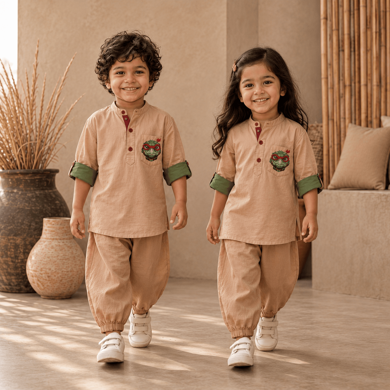 Turtle Rich Beige Contrast Roll-Sleeve Tunic Bottom Set Zinniars Mini Unisex Girls