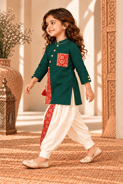 Zinniars Mini Rumi Rich Green & Gold Kurta Dhoti Set Unisex Kids’ Festive Wear (2–6 Years)