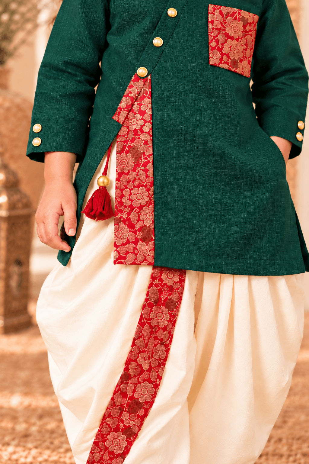 Zinniars Mini Rumi Rich Green & Gold Kurta Dhoti Set Unisex Kids’ Festive Wear (2–6 Years)