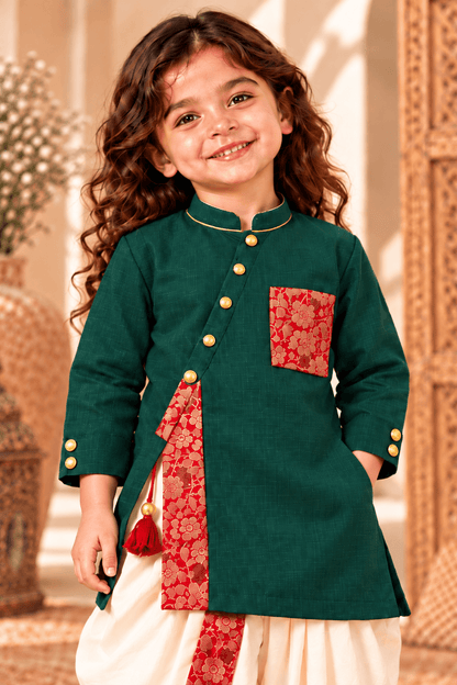 Zinniars Mini Rumi Rich Green & Gold Kurta Dhoti Set Unisex Kids’ Festive Wear (2–6 Years)