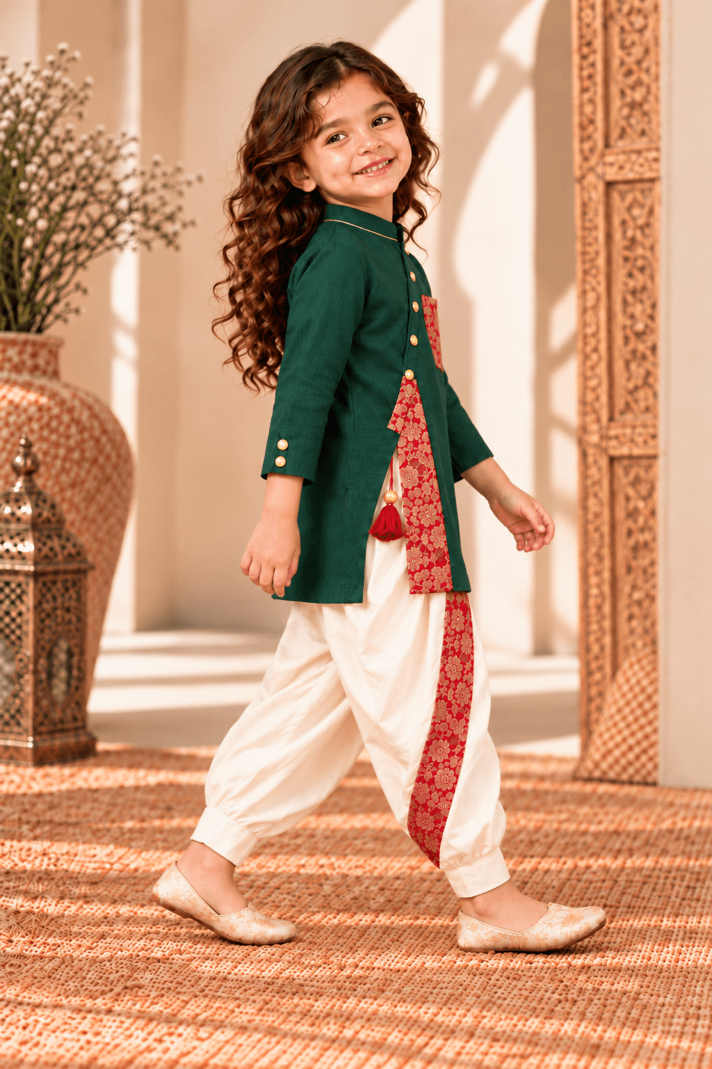 Zinniars Mini Rumi Rich Green & Gold Kurta Dhoti Set Unisex Kids’ Festive Wear (2–6 Years)