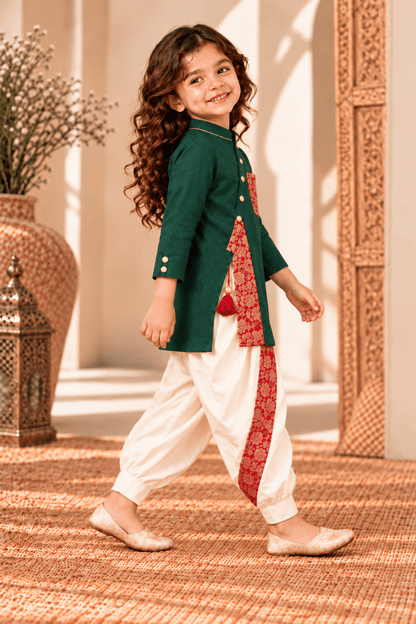 Zinniars Mini Rumi Rich Green & Gold Kurta Dhoti Set Unisex Kids’ Festive Wear (2–6 Years)