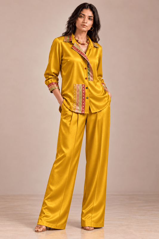 Nishaa Brocade Gold Mustard Power Suit Set | Zinniars