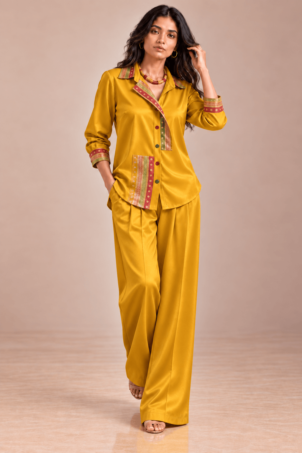 Nishaa Brocade Gold Mustard Power Suit Set | Zinniars
