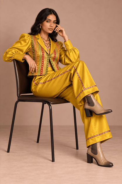Nishi Brocade Gold Mustard Power Suit – Shacket & Wide Leg Pants | Zinniars