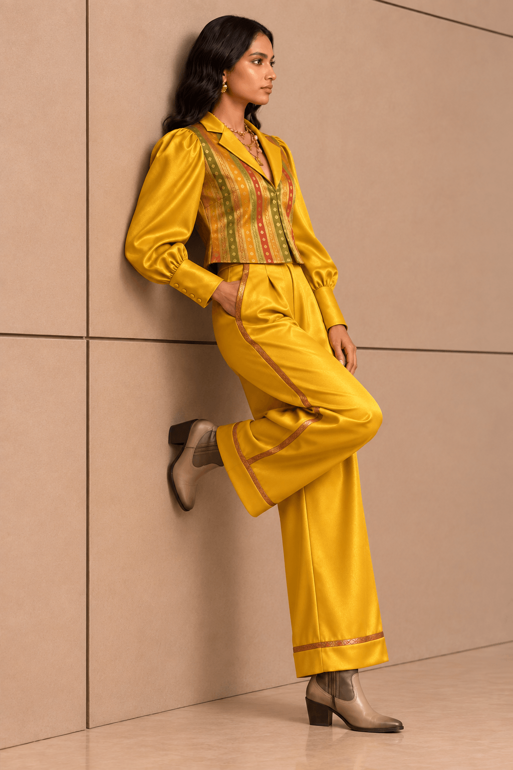 Nishi Brocade Gold Mustard Power Suit – Shacket & Wide Leg Pants | Zinniars