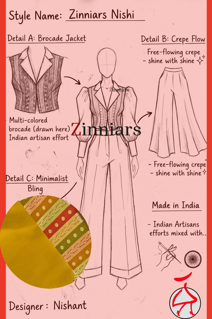 Nishi Brocade Gold Mustard Power Suit – Shacket & Wide Leg Pants | Zinniars