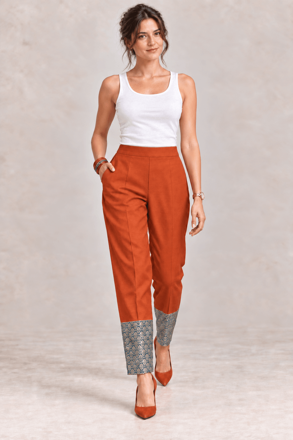 Aria Relaxed Pencil Pants – Rust with Brocade Hem