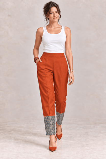 Aria Relaxed Pencil Pants – Rust with Brocade Hem