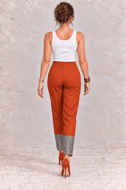 Aria Relaxed Pencil Pants – Rust with Brocade Hem