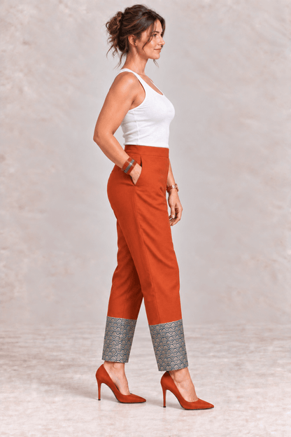 Aria Relaxed Pencil Pants – Rust with Brocade Hem