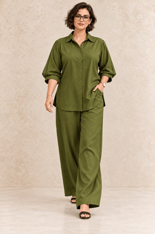 Poonam Olive Green Cotton Viscose Relaxed Co-ord Set | Zinniars
