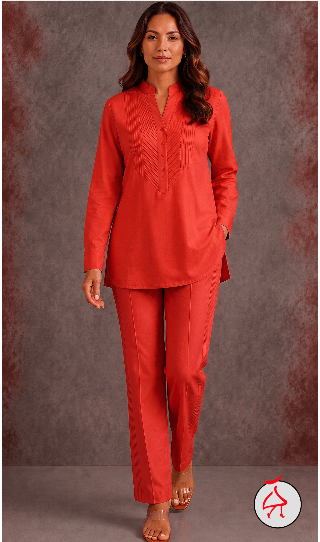 Rashmi Engineered Chevron Pintucks Hand Made Coordset - Med Coral