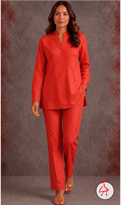 Rashmi Engineered Chevron Pintucks Hand Made Coordset - Med Coral