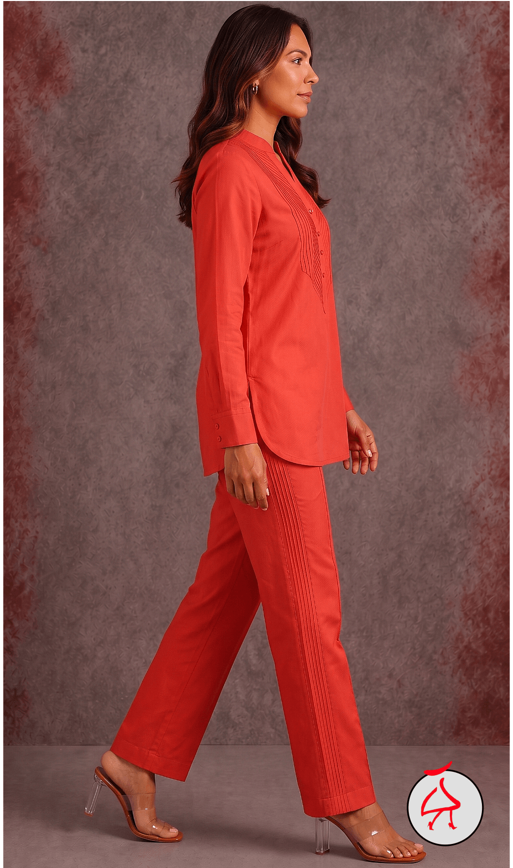 Rashmi Engineered Chevron Pintucks Hand Made Coordset - Med Coral
