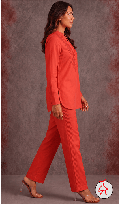 Rashmi Engineered Chevron Pintucks Hand Made Coordset - Med Coral