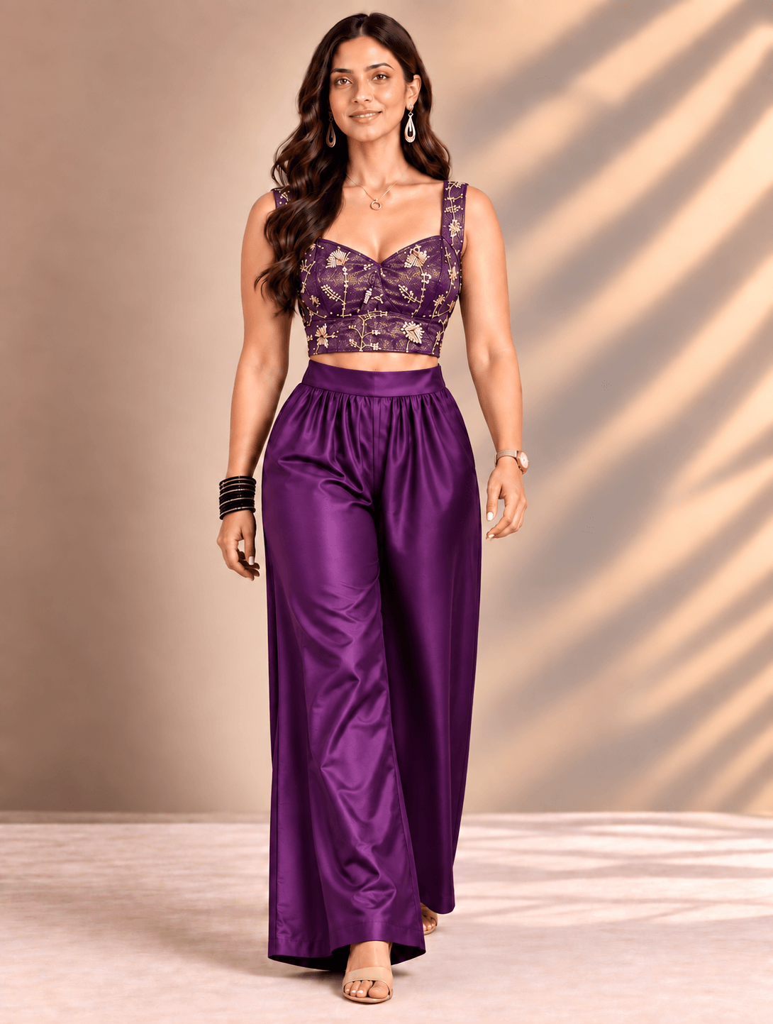 Zinniars Rave’ Hand-Beaded Plum Bustier & Viscose Palazzo Set