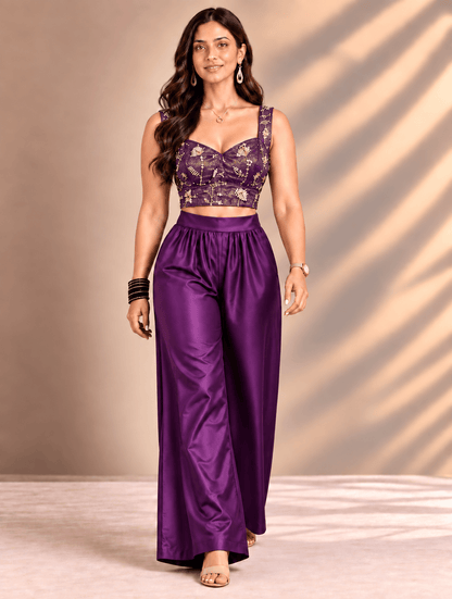 Zinniars Rave’ Hand-Beaded Plum Bustier & Viscose Palazzo Set