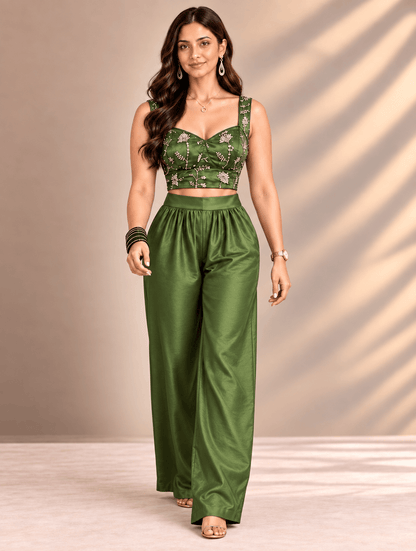Zinniars Rave’ Hand-Beaded Olive Bustier & Viscose Palazzo Set