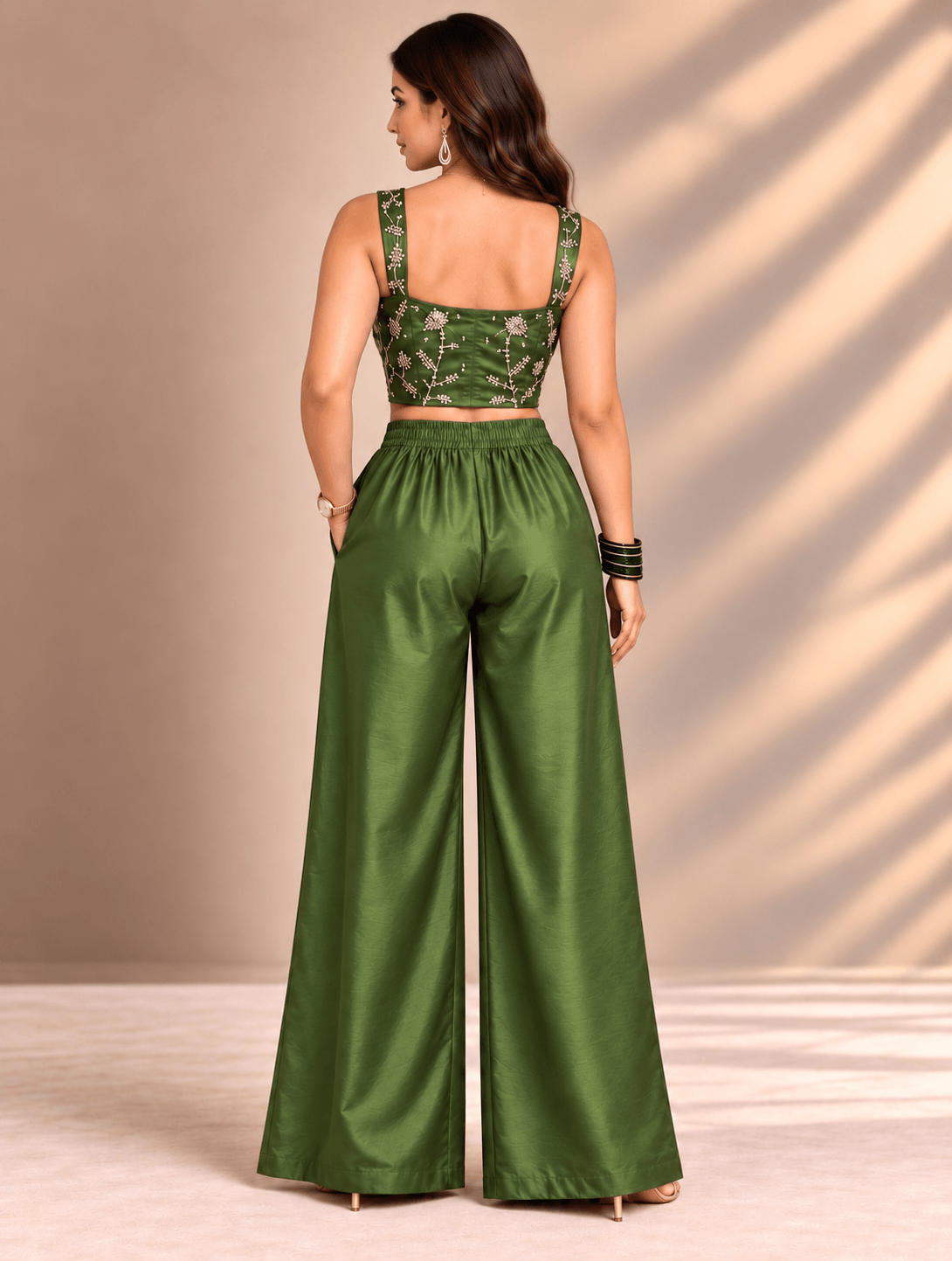 Zinniars Rave’ Hand-Beaded Olive Bustier & Viscose Palazzo Set