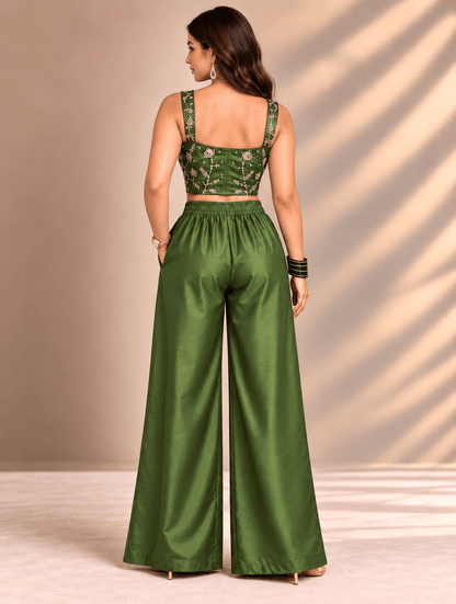 Zinniars Rave’ Hand-Beaded Olive Bustier & Viscose Palazzo Set