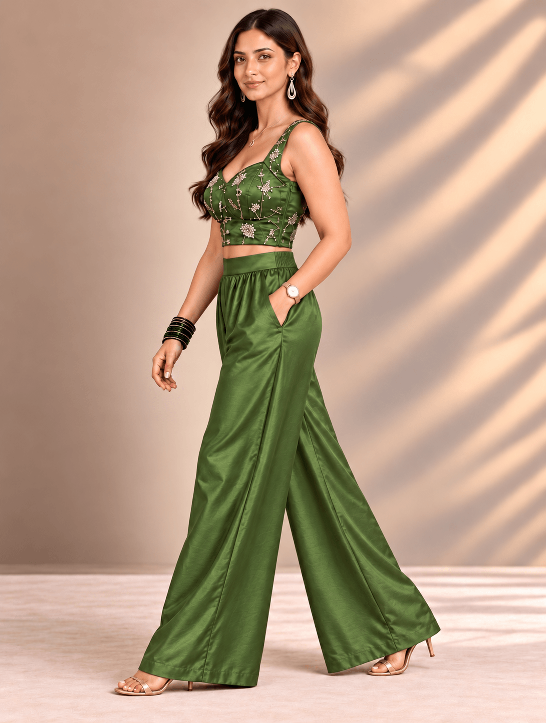 Zinniars Rave’ Hand-Beaded Olive Bustier & Viscose Palazzo Set